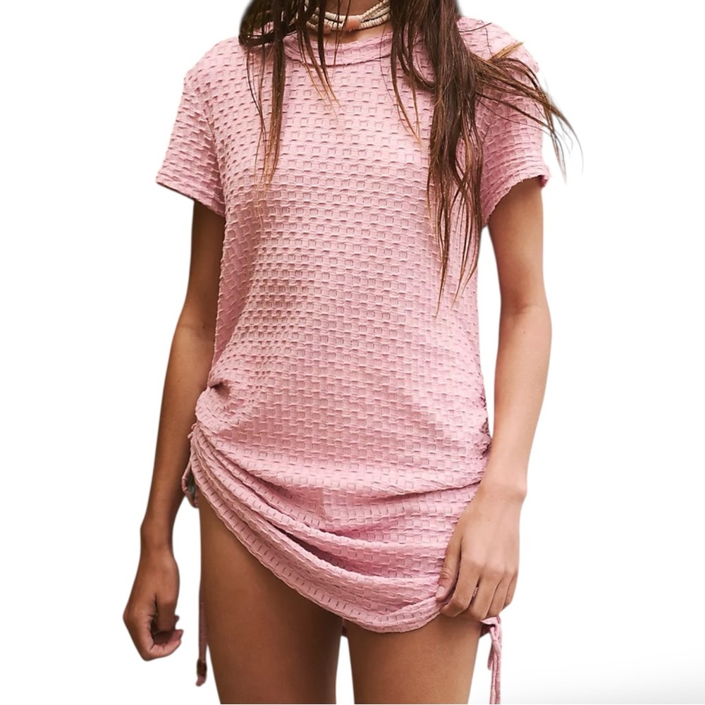 Free People Beach Tate Cinch Coverup Dress Pink Textured Open Knit Medium